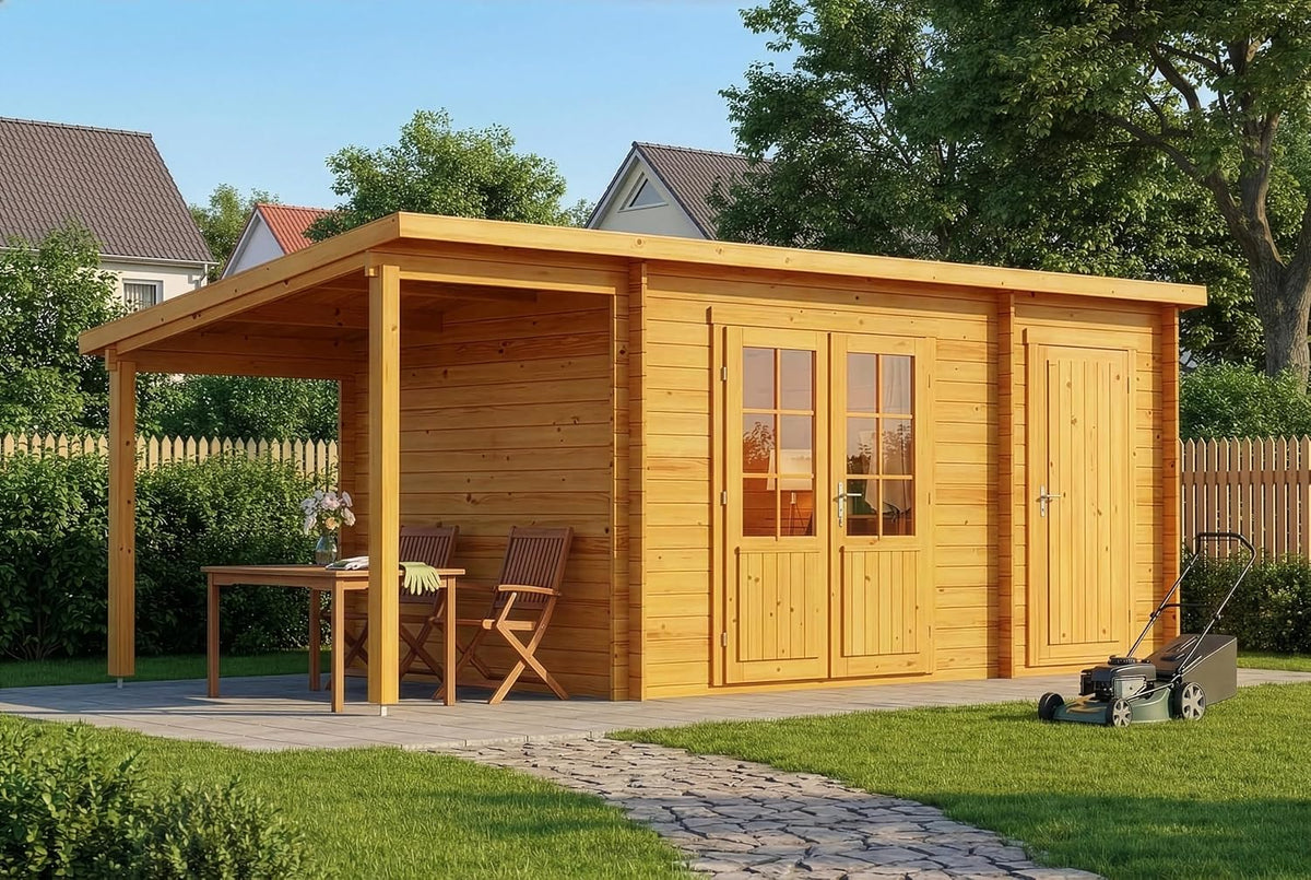 Alpholz Gartenhaus, Maria 598 × 272cm mit Anbau & Schleppd. Imprägn.Pinie 28mm