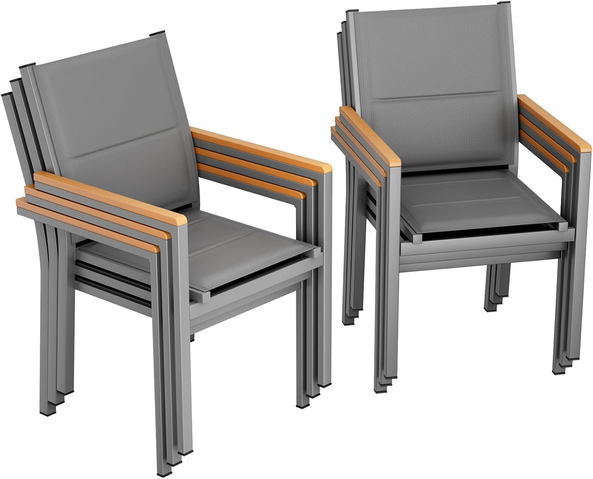 Esszimmerstuhl 6er Gartenstuhl Set Aluminium mit Gesteppte Rückenlehne & Sitzfläche Stapelbarer, WPC Handlauf, Balkonstühle, für Terrasse, Pool