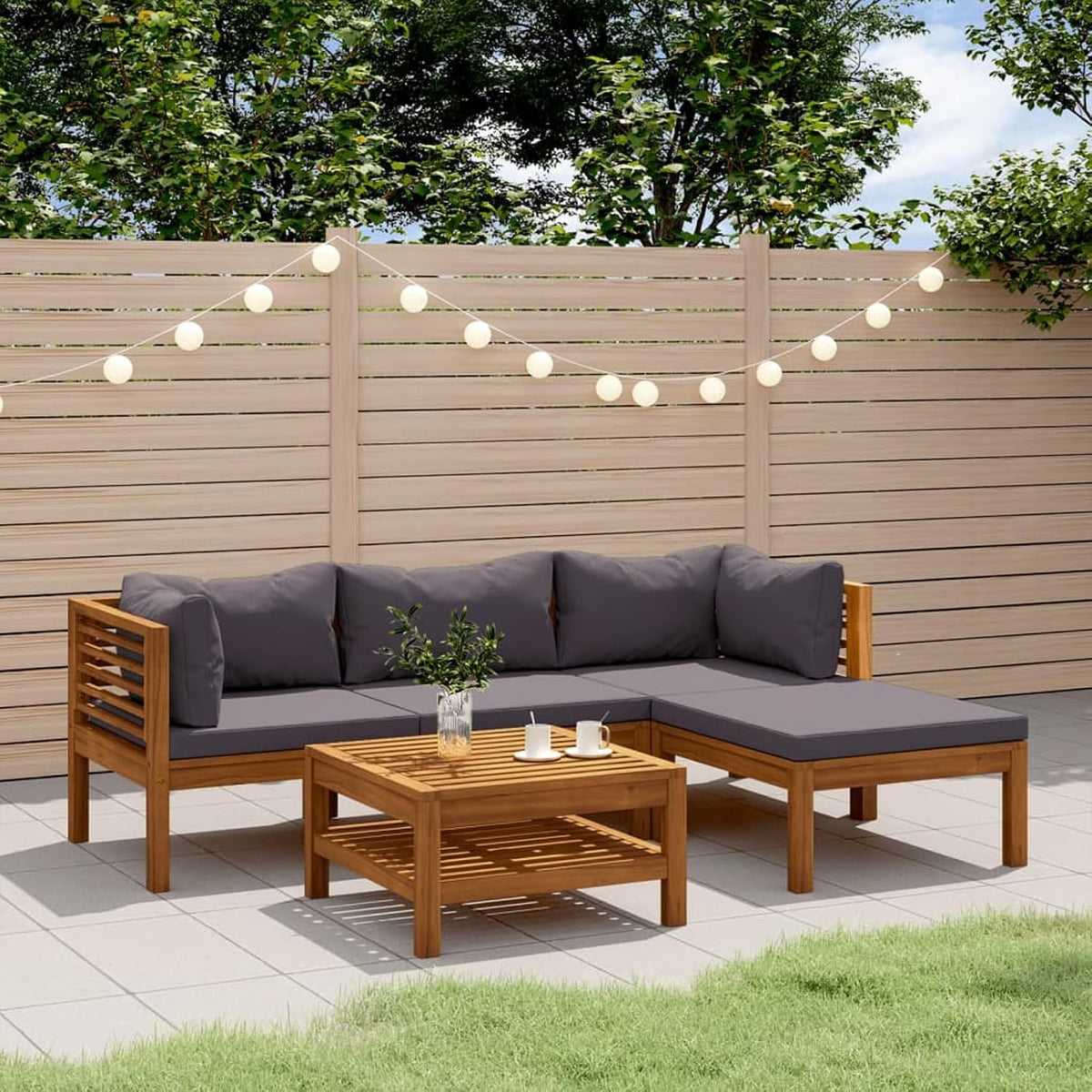 Gartenmöbel-Set, Lounge Set Holz, Ecklounge Outdoor, Terrassenmöbel außen, Balkon Lounge Dunkelgrau, Loungemöbel Set für Balkon, 5-TLG Type 5, IKAYAA