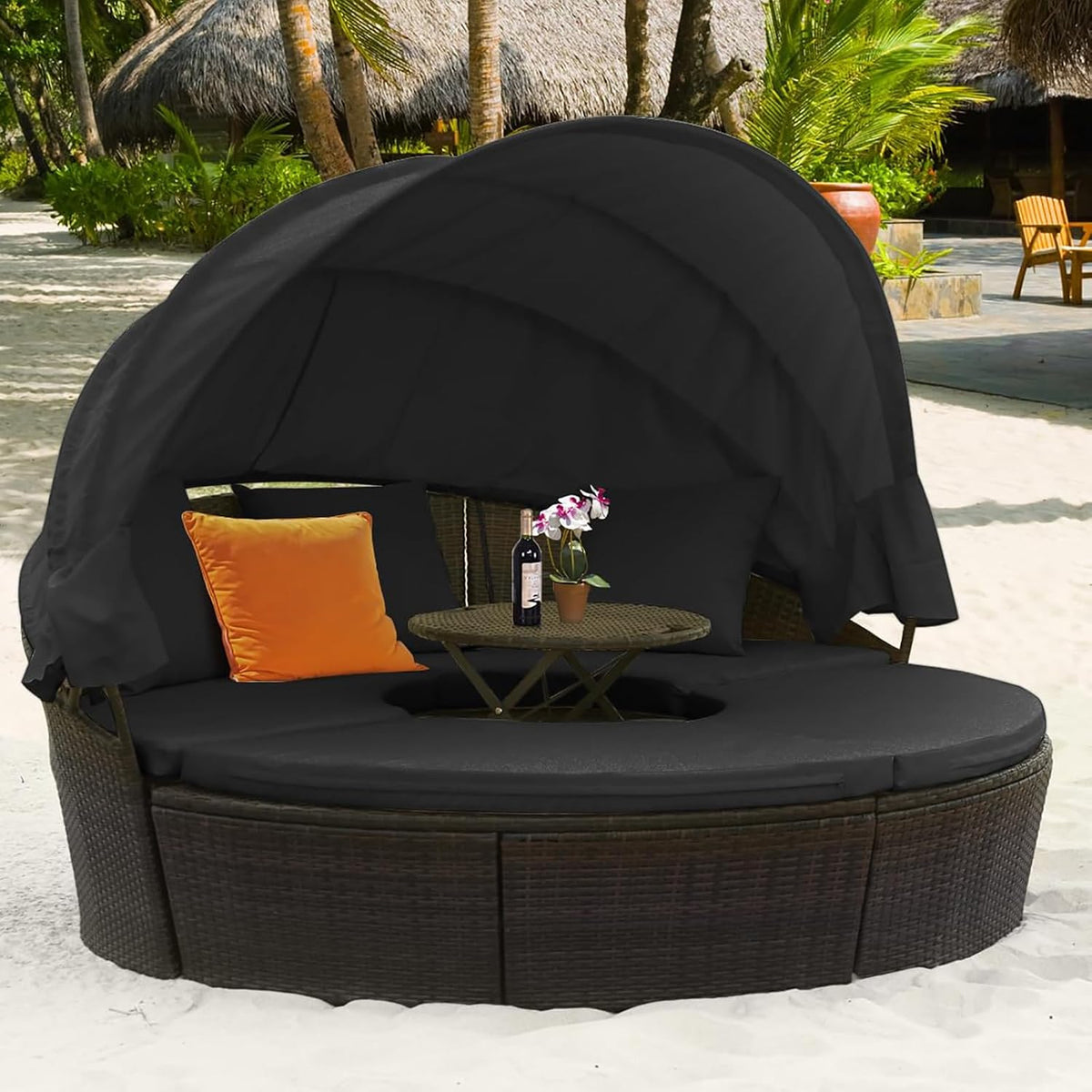 Liege Sonneninsel, insel mit faltbarem Sonnendach, Rattan Lounge Gartenmuschel Outdoor, Sonnenliege Gartenliege Set rund φ192 cm