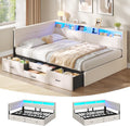 Bett Polster, Schlafsofa 140 × 200, Doppelbett mit LED-Beleuchtung & Ladestation, Betten 140 × 200 mit 4 Schubladen und Lattenrost aus Metall