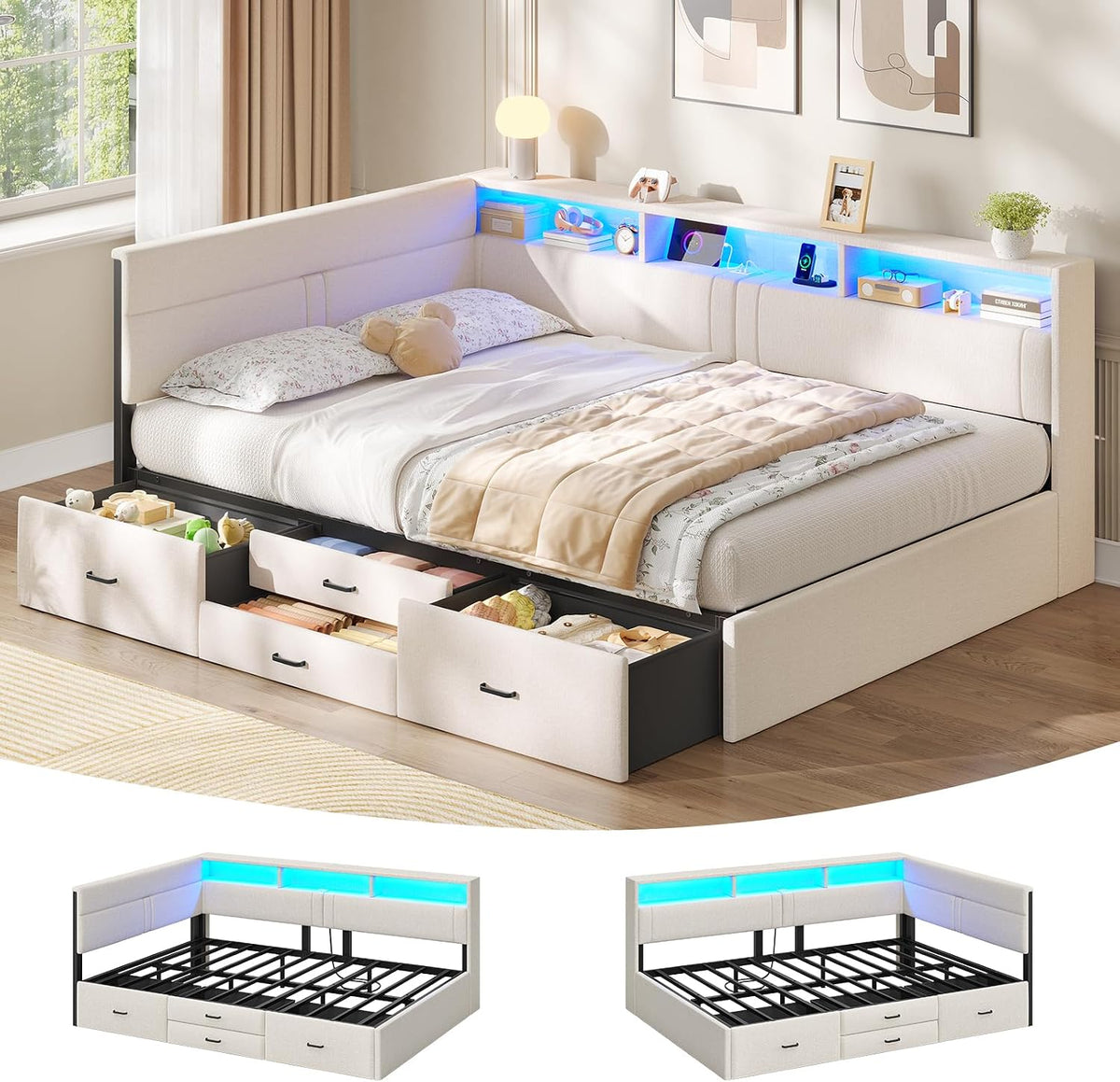 Bett Polster, Schlafsofa 140 × 200, Doppelbett mit LED-Beleuchtung & Ladestation, Betten 140 × 200 mit 4 Schubladen und Lattenrost aus Metall