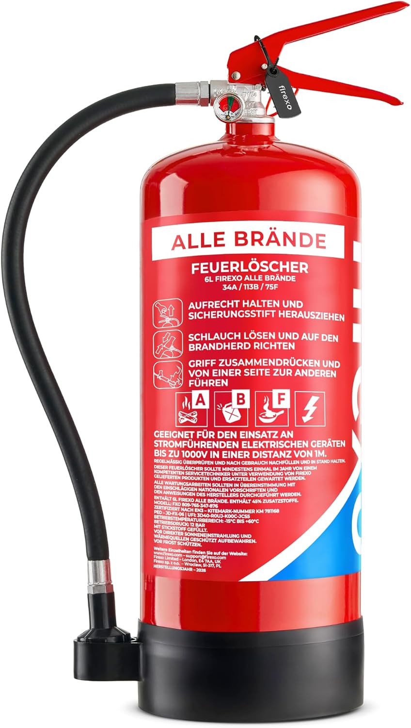 Firexo (6 Feuerlöscher Liter) Alle Feuerarten Mehrzweck-Feuerlöscher für Haushalt Küche Grill, Heimgebrauch, Gewerbe, Industrie und Büro