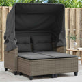 Sofa Garten, 2-Sitzer mit Dach und Hockern Grau Poly Rattan Outdoor Sofa Gartenmöbel, Garten Lounge Set Terrasse, Terrassenmöbel Zweisitzer