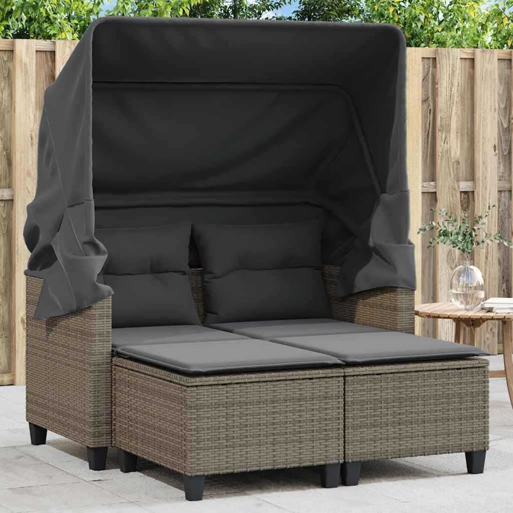 Sofa Garten, 2-Sitzer mit Dach und Hockern Grau Poly Rattan Outdoor Sofa Gartenmöbel, Garten Lounge Set Terrasse, Terrassenmöbel Zweisitzer