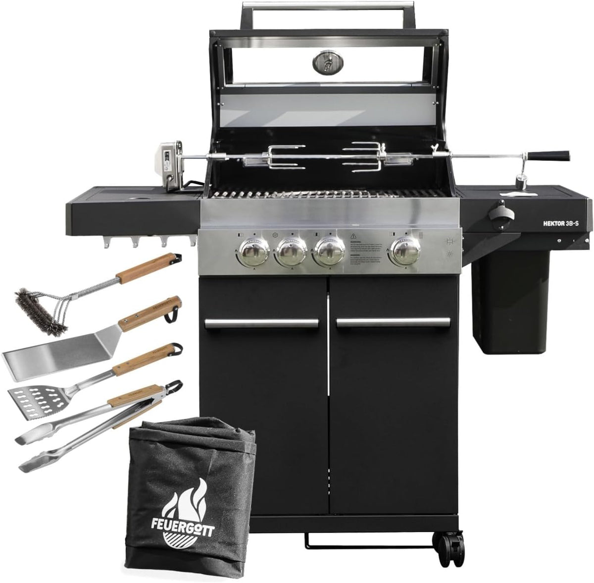FEUERGOTT Gasgrill, Hektor 3B-S inkl. Drehspieß, Abdeckhaube - All Inclusive mit 4 Grill-Utensilien - 3 Brenner, Sear-Brenner, Gusseisenroste