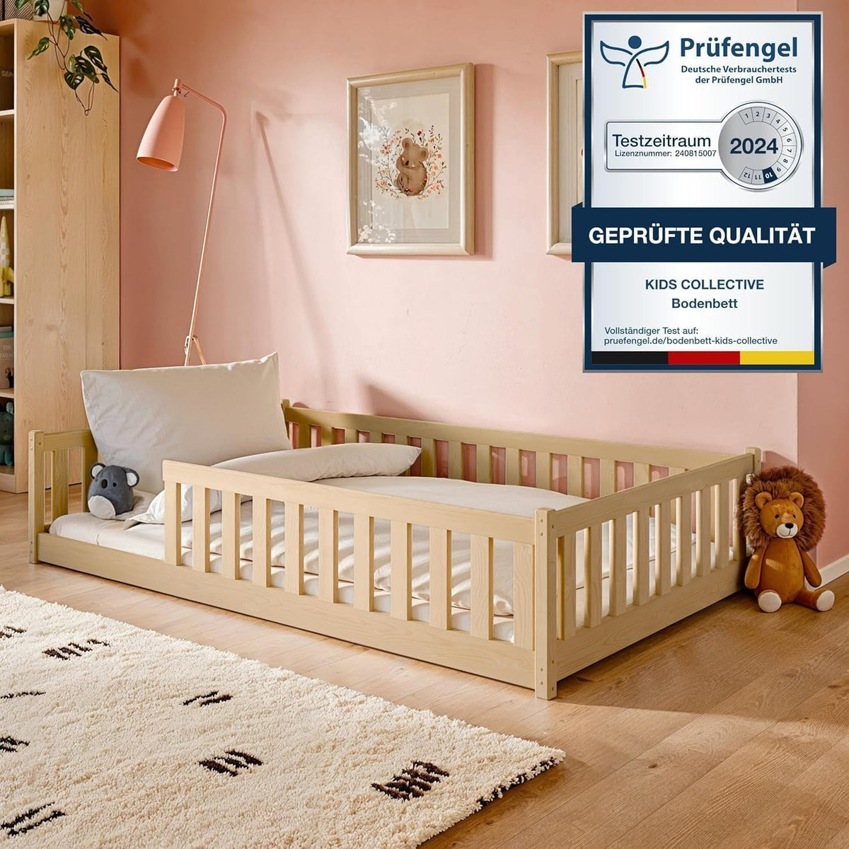 Kinderbett, Bodenbett 120 × 200 cm Bett mit Matratze, Rausfallschutz & Lattenrost Montessori Bett Bed Gitterbett Kinder Jugendbett Einzelbett