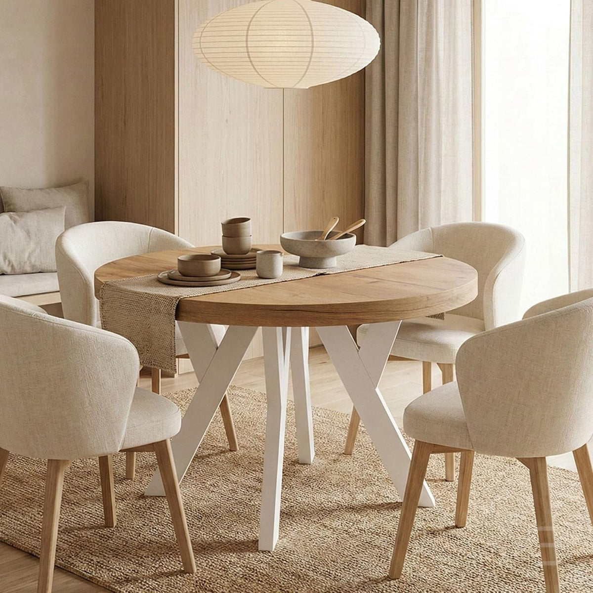 Esstisch, Runder Ausziehbarer Tisch für Esszimmer mit Holzbeinen, Pero, Loft-Stil, Skandinavische