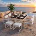 Merax 7-teiliges 6 Gartenmöbel Set Personen Outdoor Essgruppe, mit 117 × 117 cm Tisch aus gehärtetem Glas, 4 Sessel & 2 Hocker, Holzoptik Armlehnen