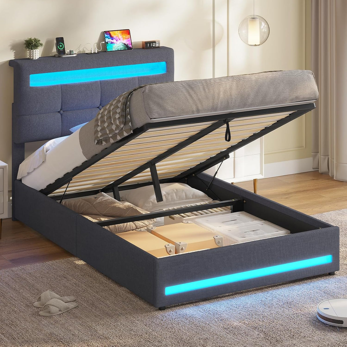 Bett Hydraulisch Stauraum, 90×200cm, Polsterbett Doppelbett mit LED und USB-Ladefunktion, Funktionsbett Jugendbett mit Stauraum und Lattenrost, Linen