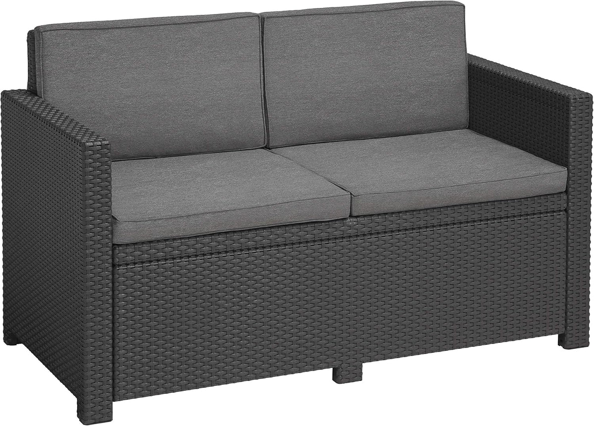 Sofa Allibert by Victoria Garten, 2-Sitzer Lounge Sofa in Rattanoptik, Inkl. Sitz- & Rückenkissen, Pflegeleicht, Wetterfest, Grau, 129 × 63 × 77 cm