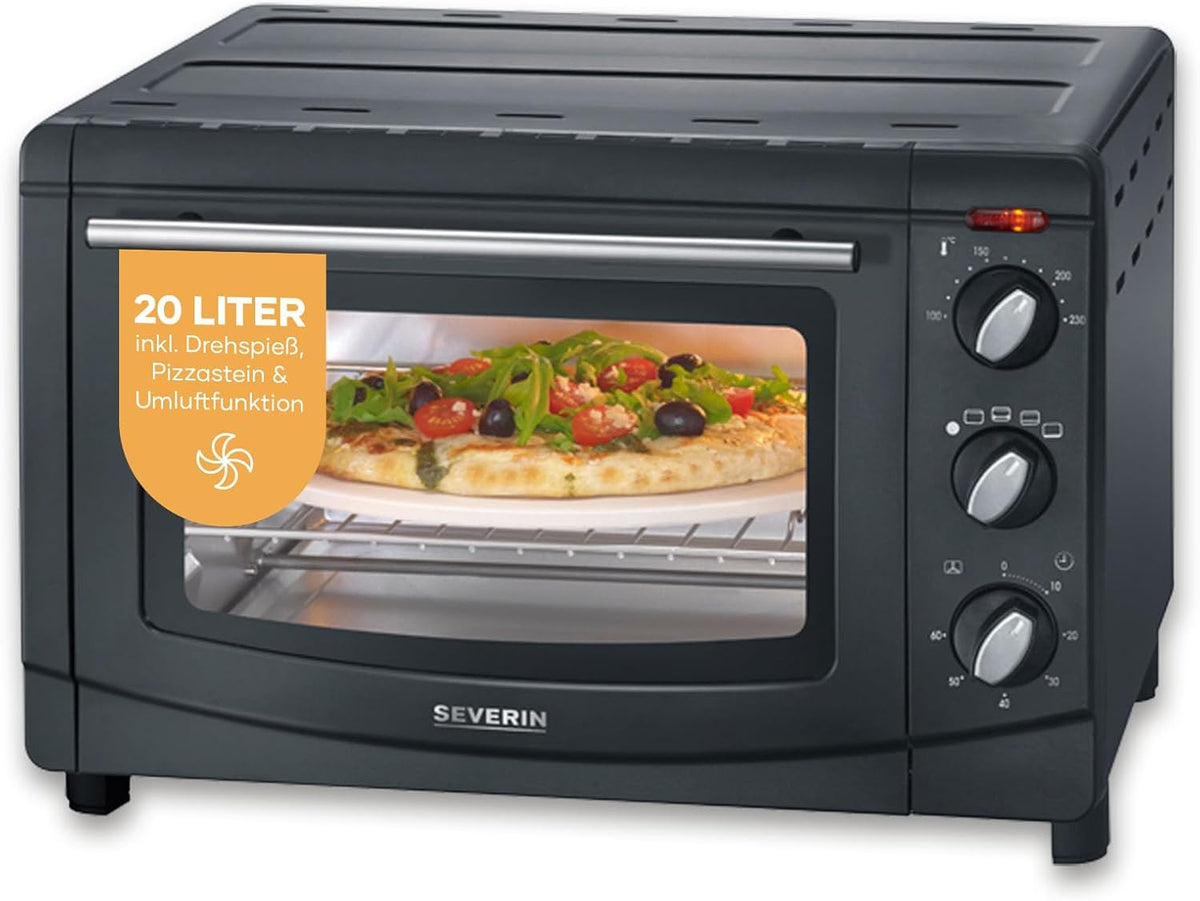 SEVERIN Back- und Toastofen mit Umluftfunktion Mini Backofen, mit Grillrost, Backblech, Drehspieß und Pizzastein