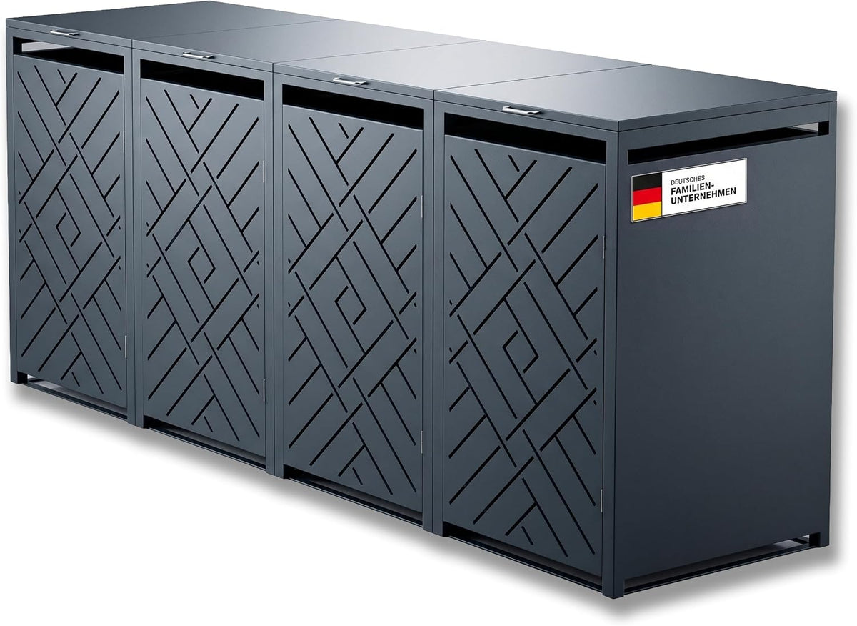 Metzler Mülltonnenbox, 4er 240L Anthrazit mit Rautenmuster, Metall Mülltonnenverkleidung für 4 Tonnen abschließbar