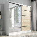 Kleiderschrank Schwebetürenschrank Nero, 2-türig mit Schubladen und Spiegel, Garderobe 200 cm (Weiß/Sonoma), A&J MöbelLand