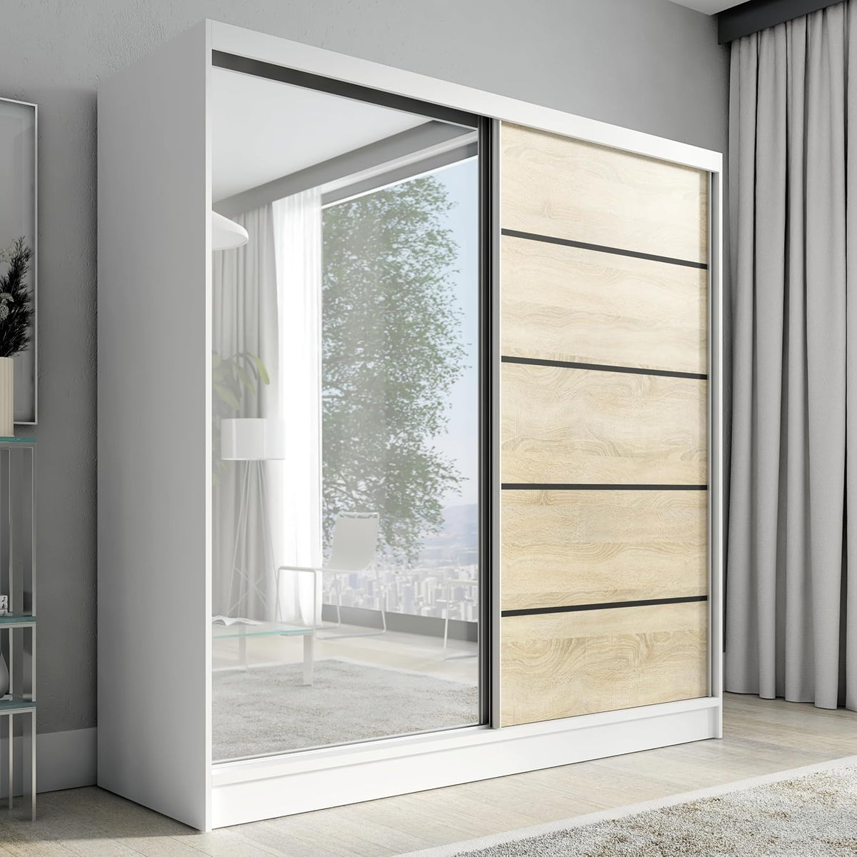 Kleiderschrank Schwebetürenschrank Nero, 2-türig mit Schubladen und Spiegel, Garderobe 200 cm (Weiß/Sonoma), A&J MöbelLand
