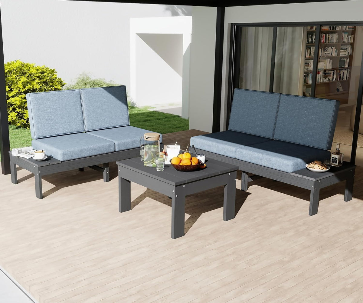 Couchtisch HDPE 3-teiliges Domi Gartenmöbel Set modernes Sitzgruppe mit linkem und rechtem Sofa gepolsterte Eckgruppe samt, geeignet für Hinterhof