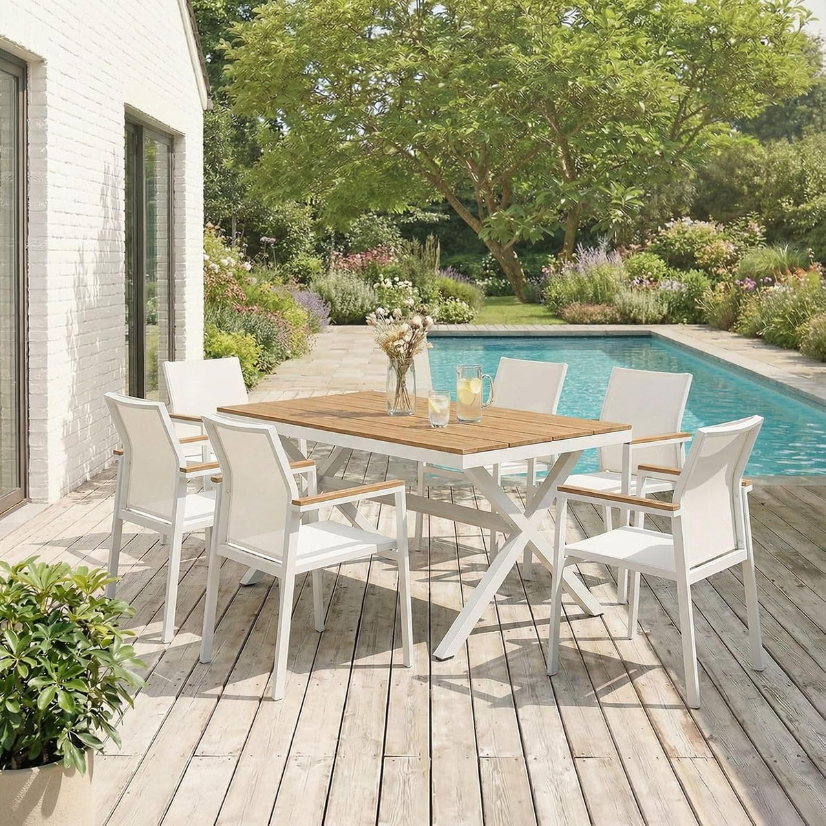 IDIMEX Essgruppe, Gartenmöbel Set Windy mit 1 Tisch und 6 Stühlen aus Alu und WPC in weiß/Natur, Esstisch Set in Holzoptik