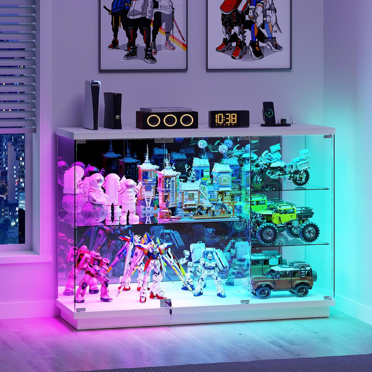 Lvifur 3-Lagen Glasvitrine, mit RGB Beleuchtung und Glastüren für Wohnzimmer, Weiß