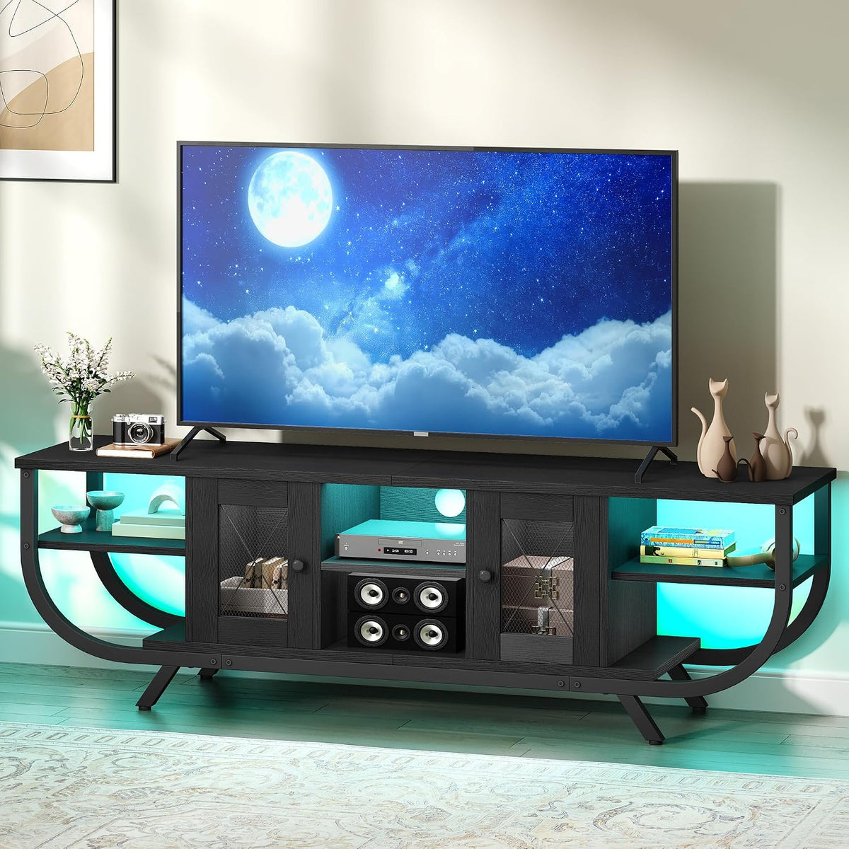 TV-Lowboard, Industrielles TV-Schrank, Wohnzimmer Fernsehschrank TV Board mit Offenen Stauraum (Schwarz, 140CM), YITAHOME