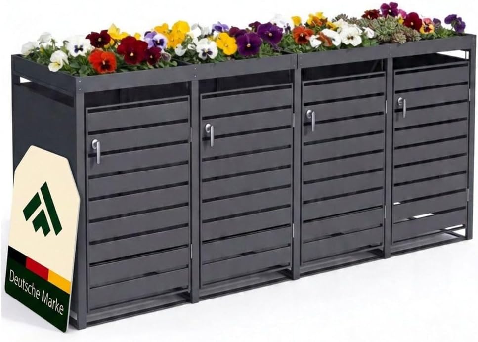 novaterra ® Mülltonnenbox, 4 × 240L Metall Anthrazit mit Pflanzdach