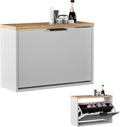 Schuhschrank, schmal mit 1 Klappe platzsparender Schuhregal mit 2 Ablagen, Schuhkommode für Diele, Flur, Garderobe 60 × 23 × 42, 5 cm, weiß grau