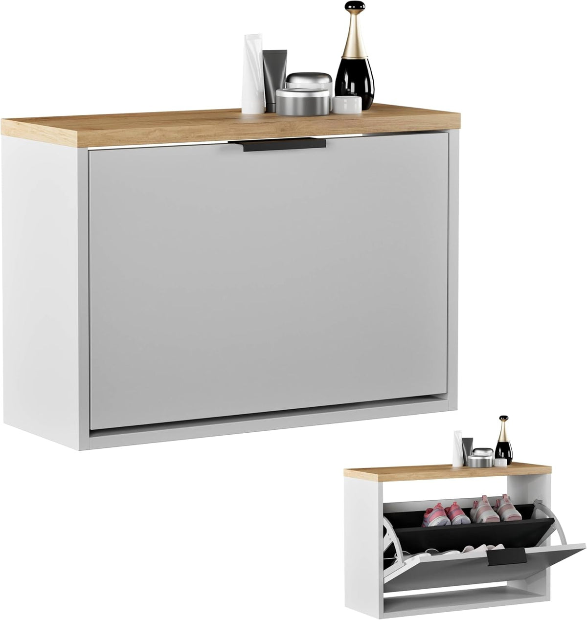 Schuhschrank, schmal mit 1 Klappe platzsparender Schuhregal mit 2 Ablagen, Schuhkommode für Diele, Flur, Garderobe 60 × 23 × 42, 5 cm, weiß grau