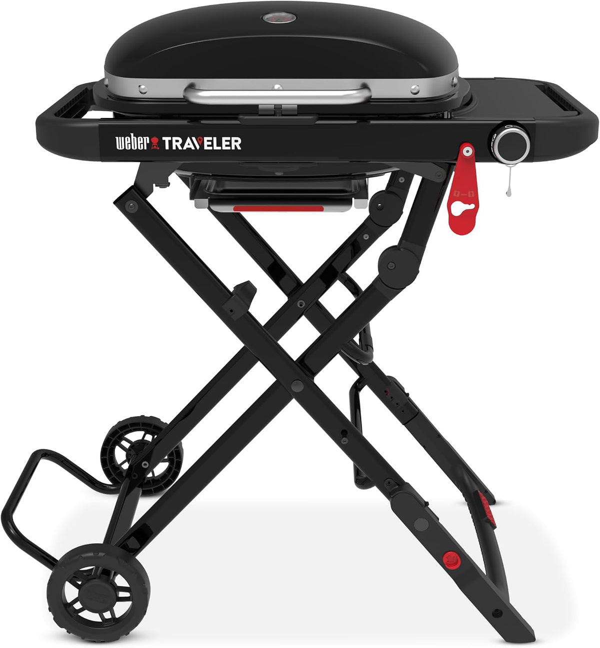 Weber Traveler Compact Gasgrill, automatischer Deckelverriegelung und integriertem Thermometer, 1 Brenner, Grillfläche 52 × 36 cm, schwarz