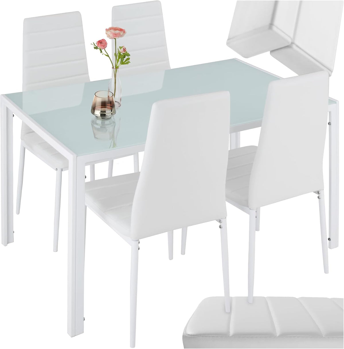 Esstisch Essgruppe Set Tisch und Stühle, und 4X Stuhl, strapazierfähiges Kunstleder, Tischplatte aus Sicherheitsglas, Küchenstühle modern