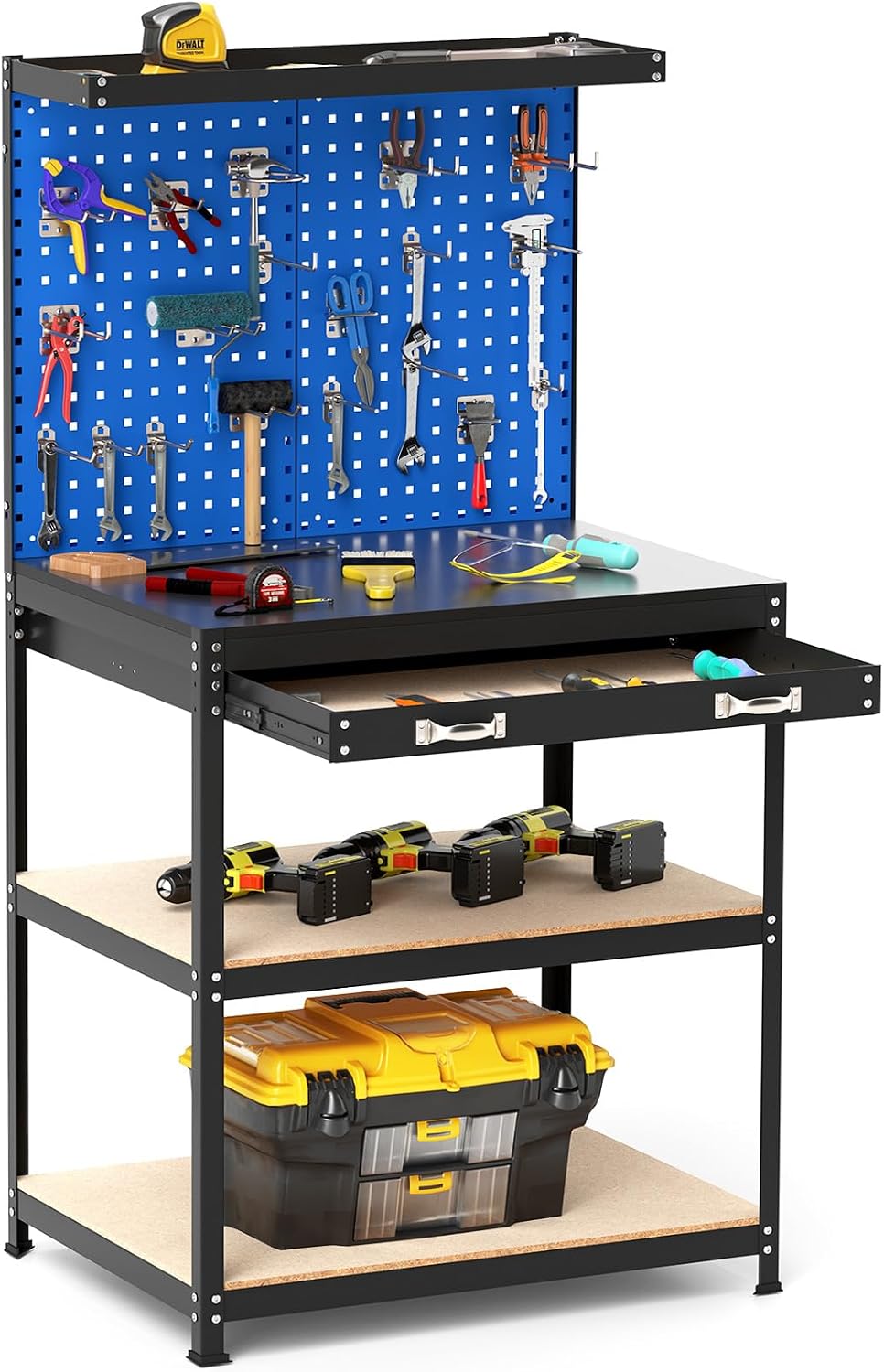 COSTWAY Werkbänke, Werkbank 81 x 41 cm, 225 kg Tragkraft Arbeitstisch mit Lochwand & Schubladen & regalen & 20 Hängehaken