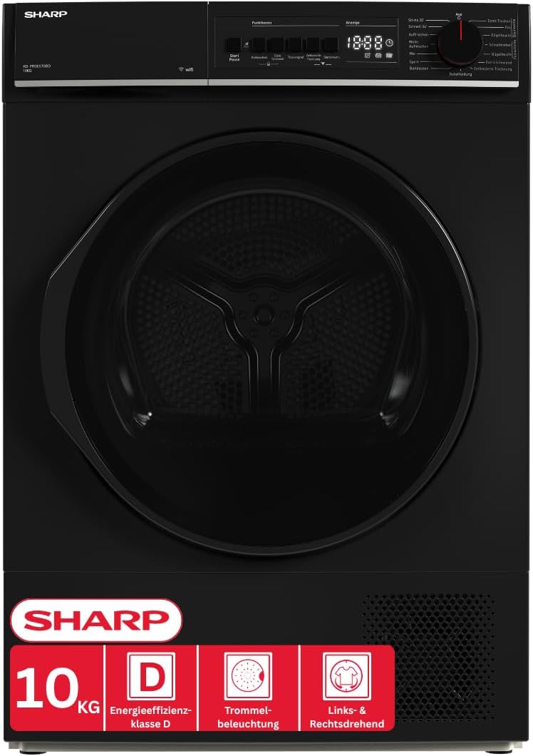 SHARP KD-PRO0S7GBD-DE Wärmepumpentrockner, (10 kg, EEK D), (15 Trockenprogramme, 20 Min. Kurzprogramm, WiFi, Edelstahltrommel mit LED-Beleuchtung)
