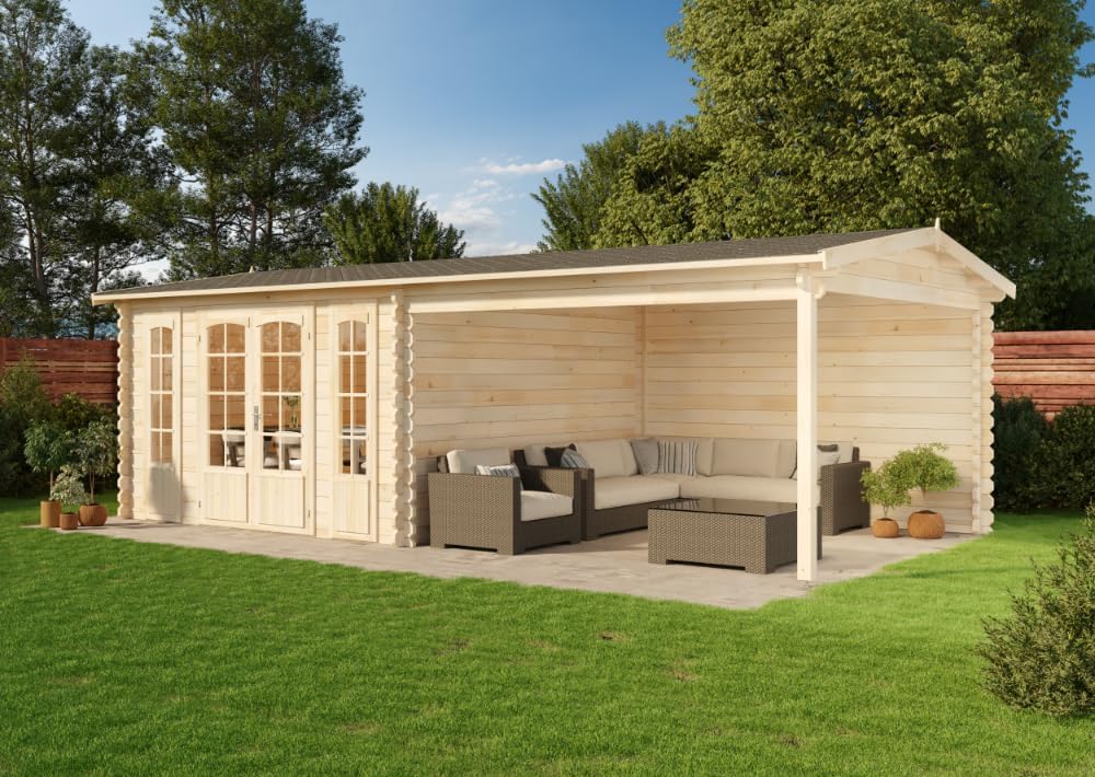 Alpholz Gartenhaus, Freiburg-44 aus naturbelassenem Holz 755 × 399 cm mit 44 mm Wandstärke, Terrasse und Doppeltür