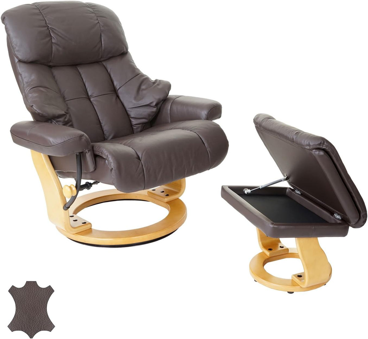 Relaxsessel, Calgary XXL mit Hocker, bis 180 kg belastbar, Echtleder braun, Gestell Holz natur, Robas Lund