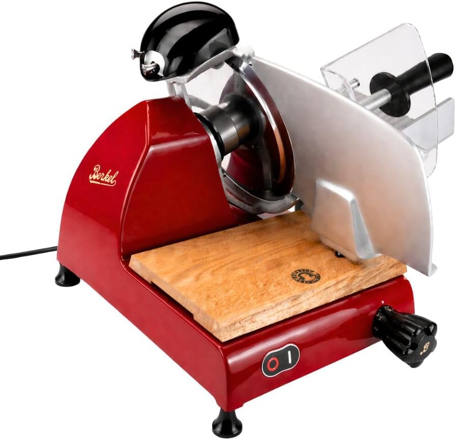 Palatina Werkstatt 250 Berkel Aufschnittmaschine - Red Line rot - Profi Allesschneider, Neues Modell + 100% handgefertigtes Schneidebrett