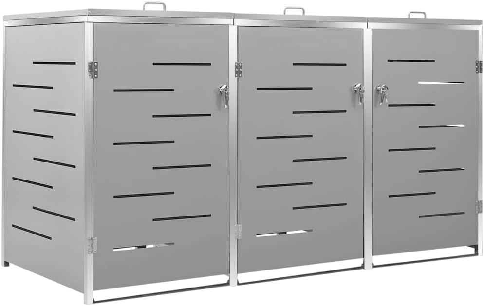 Hommdiy Mülltonnenbox, für 3 Tonnen 207 × 77, 5 × 115 cm Edelstahl, Mülltonnenverkleidung Gartenbox Müllcontainer (Grau)