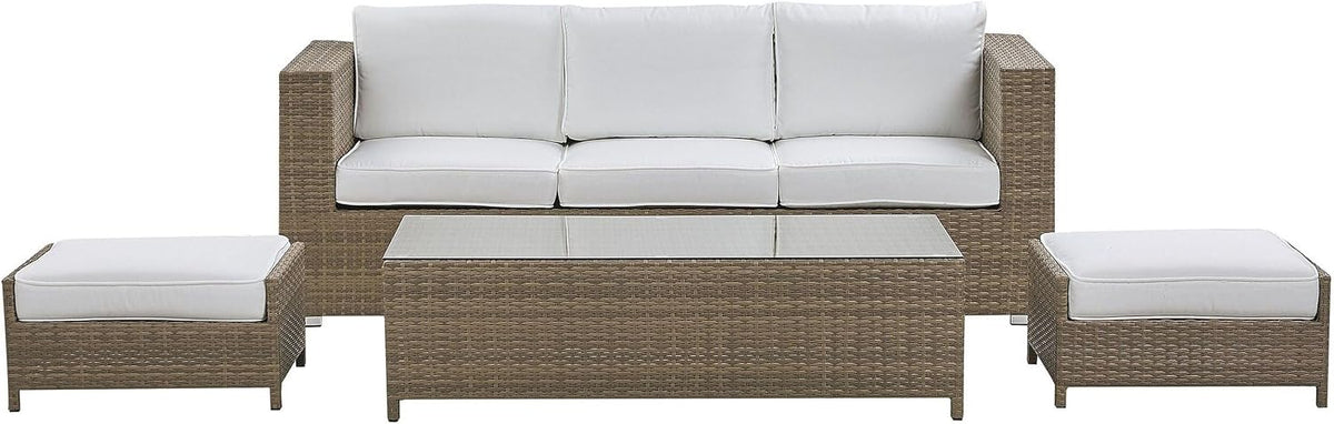 Gartenmöbel-Set, Outdoor Lounge Set in Braun Sofa Kaffeetisch 2 Ottomane Auflagen Weiß Belluno, Beliani
