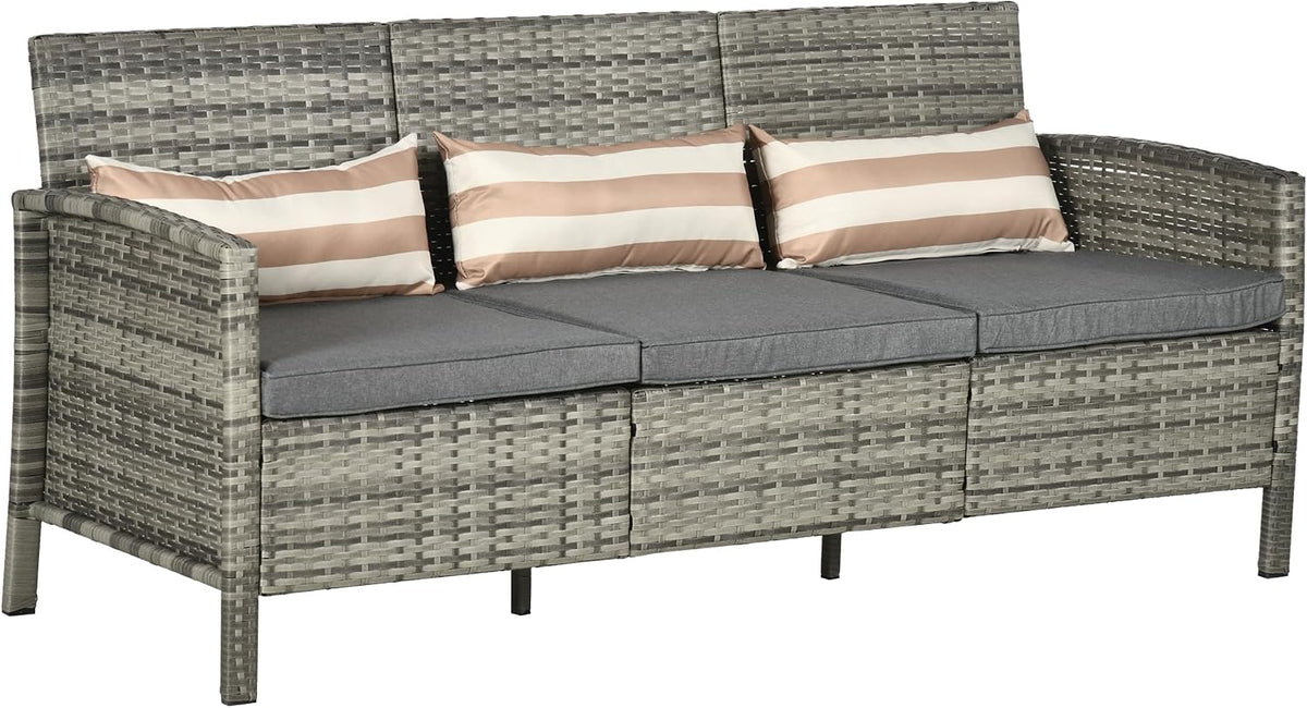 Sofa Rattan, mit Kissen Dreisitzer Stahl 173 × 68 × 78 cm Grau, Outsunny