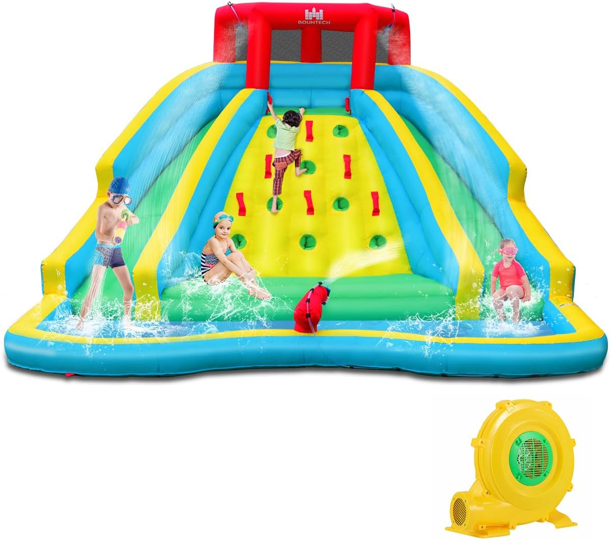 COSTWAY Aufblasbare Wasserrutschen, Hüpfburg mit Gebläse, Kletterwand, Planschbecken & Wasserkanone, Wasserhüpfburg für Kinder