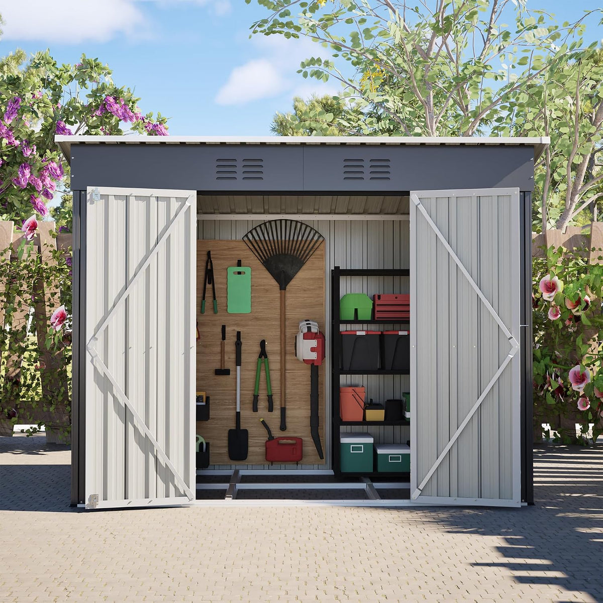 Su & Chan Legence Metall Gerätehaus, 242 × 126 × 182 cm mit Pultdach und Tür, wetterfester Geräteschuppen mit 2 Belüftungsgittern und Bodenrahmen