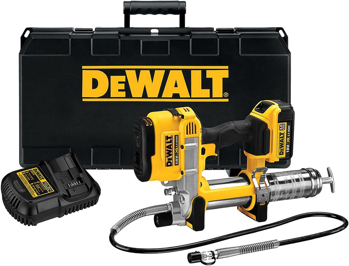 DEWALT Schmierpressen, 18 Volt Akku-Fettpresse DCGG571M1 (690 bar Arbeitsdruck, Fassungsvermögen: 400 gr. mit Kartuschen u. 473 gr. Aus Gebinden