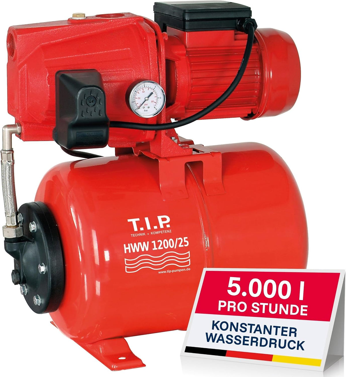 T.I.P. Wasserpumpen, HWW 1200/25 Hauswasserwerk, 5.000 l/h Jetpumpe mit Gusseisengehäuse, 1.200 W, 50 m Förderhöhe & 5, 0 bar Druck, Druckschaltung