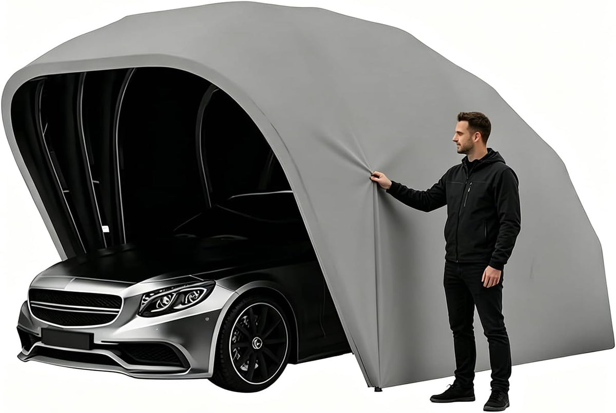 BEDCKCC Carports, Halbautomatischer Faltgarage Auto, Faltbarer Mobile Zeltgarage aus Edelstahl, 600D Oxford-Gewebe Garagenzelt mit Schloss