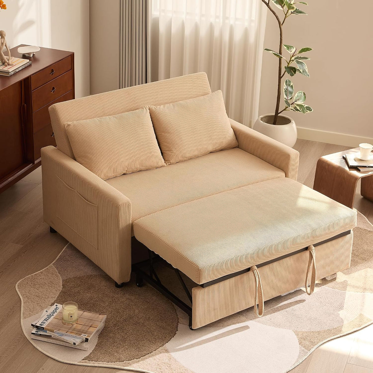Sofa Schlaf, 2-Sitzer, 3-in-1 ausziehbares Sofa Bett, Cordstoff Schlafcouch mit Verstellbarer Rückenlehne und Seitentaschen