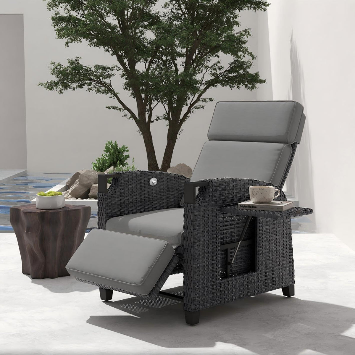 Liege, sessel mit Sitzkissen Gartensessel Wetterfest 150° Verstellbare, Rückenlehne Rattan Sonnenliege mit Beistelltisch für Innen