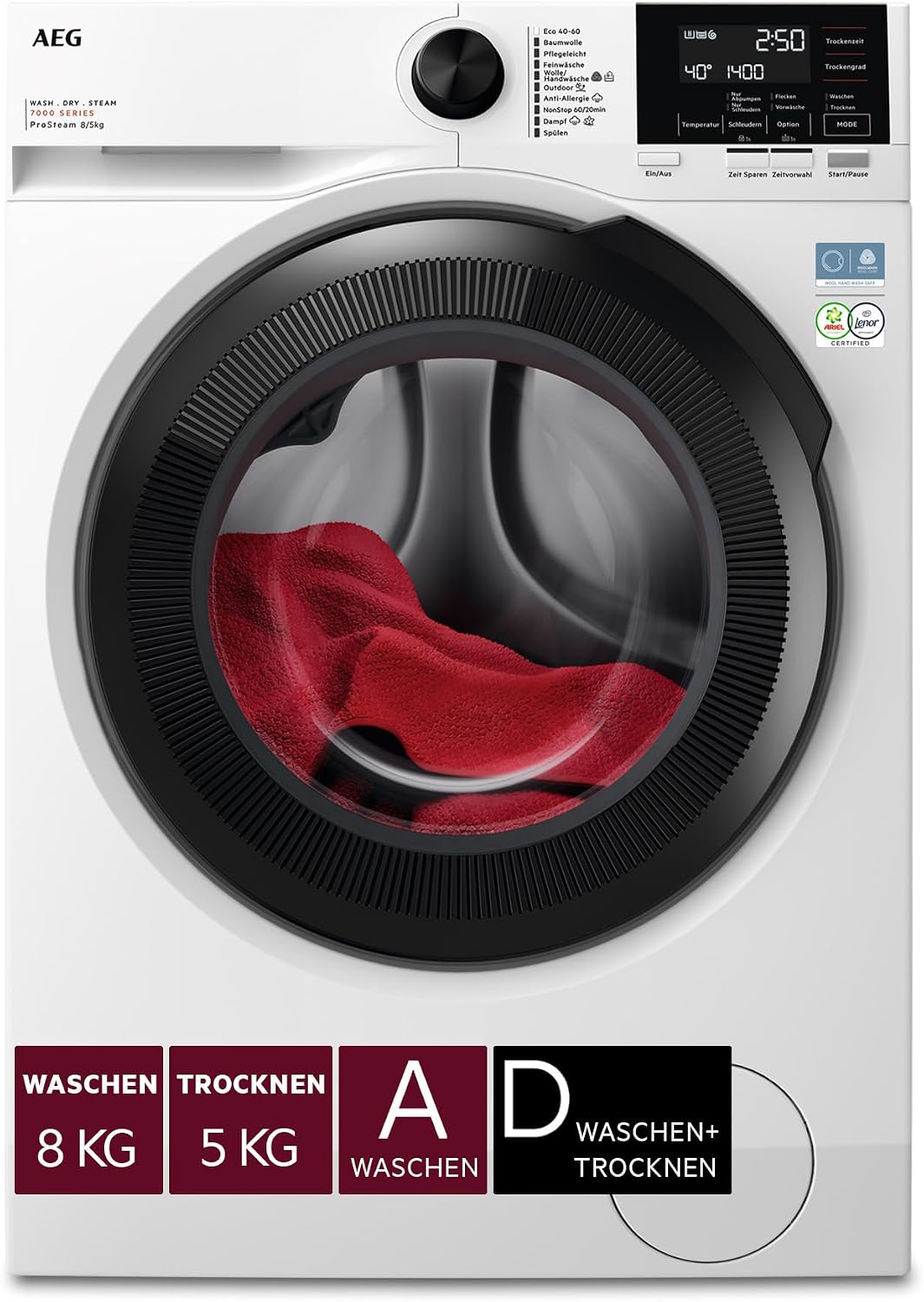 AEG Waschmaschine, Serie 7000 Waschtrockner, Waschen 8 kg, Trocknen 5 kg, LWR7AMZ48WD