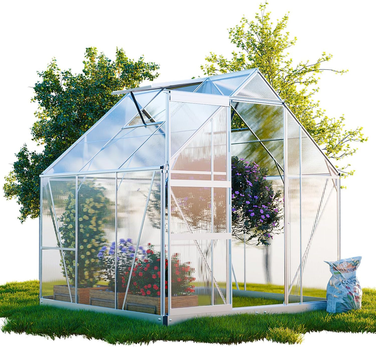 GARMIO ® Gewächshaus, Cuneo 190 × 190cm für den Garten, Alu Frühbeet inklusive Fundament, 2 Dachfenster Treibhaus Aufzucht Pflanzenhaus Tomatenhaus 3