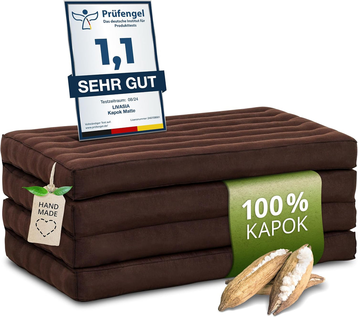 livasia Nachhaltige Klapp Matratze, ökologische Yogamatte, klappbares Gästebett, Liege Garten Balkon (Braun Uni)