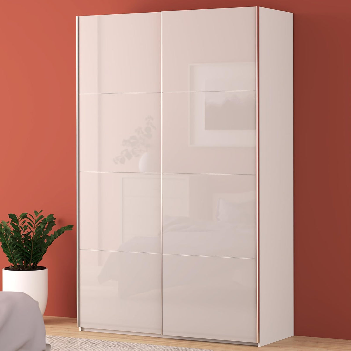 Kleiderschrank FITTIO, 150, moderner Schwebetürenschrank, 2-türig, Kleiderstange, Einlegeböden, Schlafzimmer, Holzwerkstoff, Weiß Hochglanz