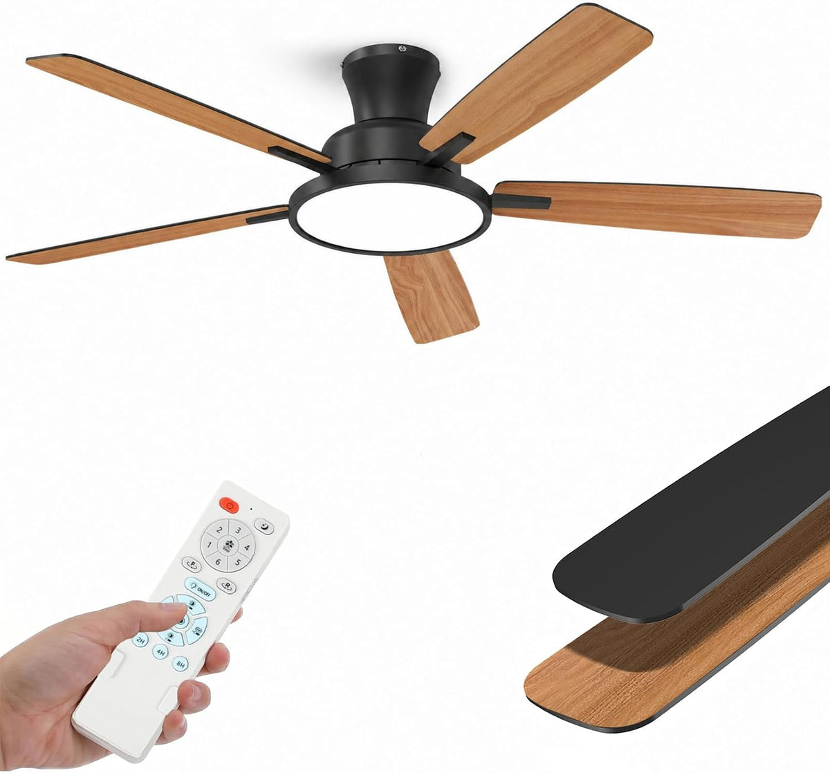 Taloya Deckenventilator mit Beleuchtung, und Fernbedienung, 132 cm, Schwarz, Leise DC Motor, LED Lampe Dimmbar 3000-6500K, Nachtlicht