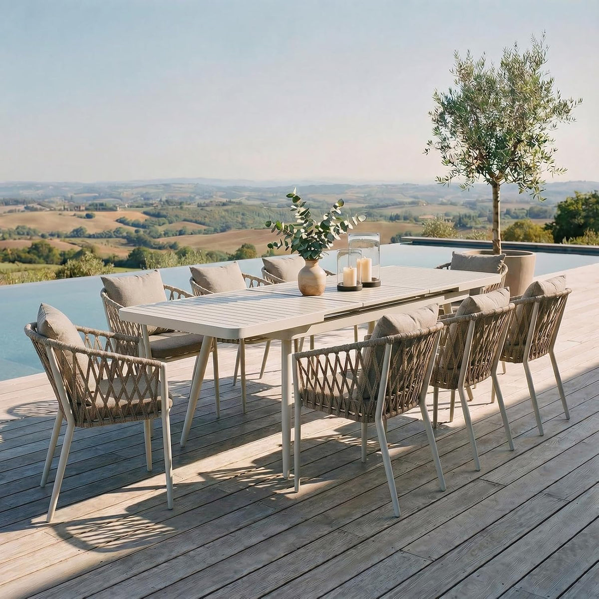 IDIMEX 8 Gartenmöbel Set Sunny mit ausziehbarem Esstisch und Stühlen Esstisch Gestell aus Alu in weiß Seilbespannung der Stühle in beige Essgruppe