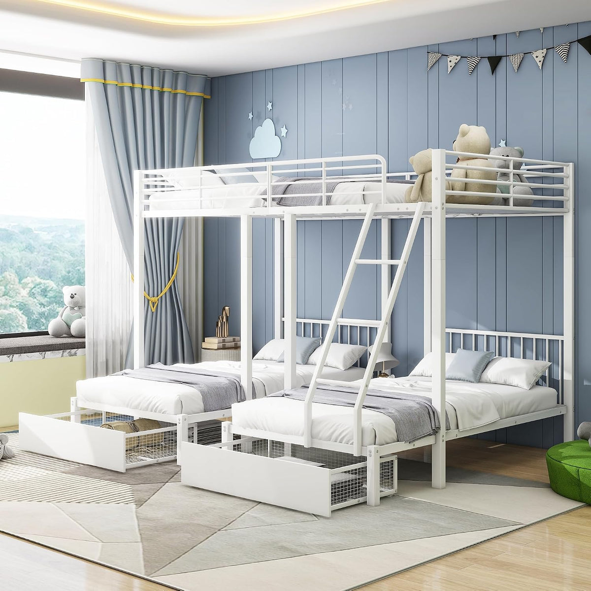 Kinderbett 2 Dreifaches Etagenbett mit Schubladen, Hochbett für 4 Kinder, umwandelbar in 140 × 200 Doppelbett&zwei 90 × 200 Einzelbetten